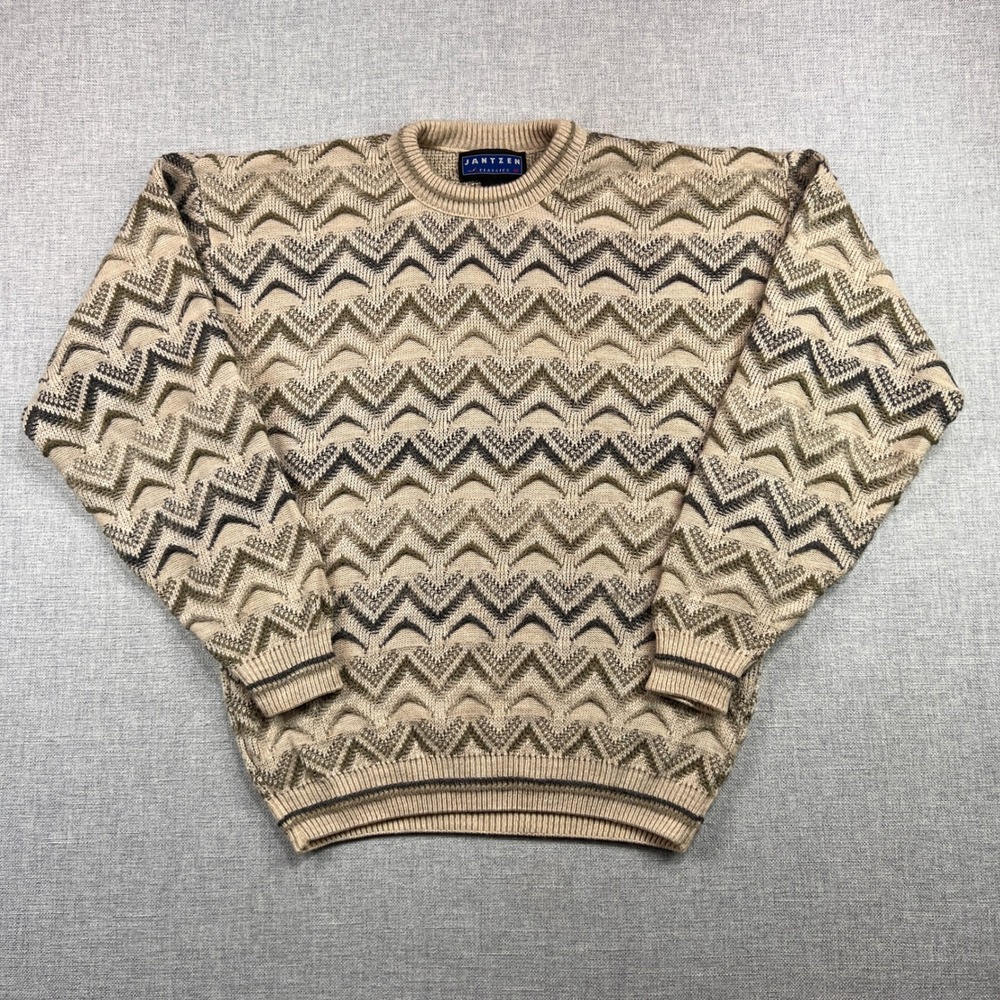 VTG 90s Jantzen Classics Chevron Knit Sweater Men Medium Beige Retro Dad Acrylic